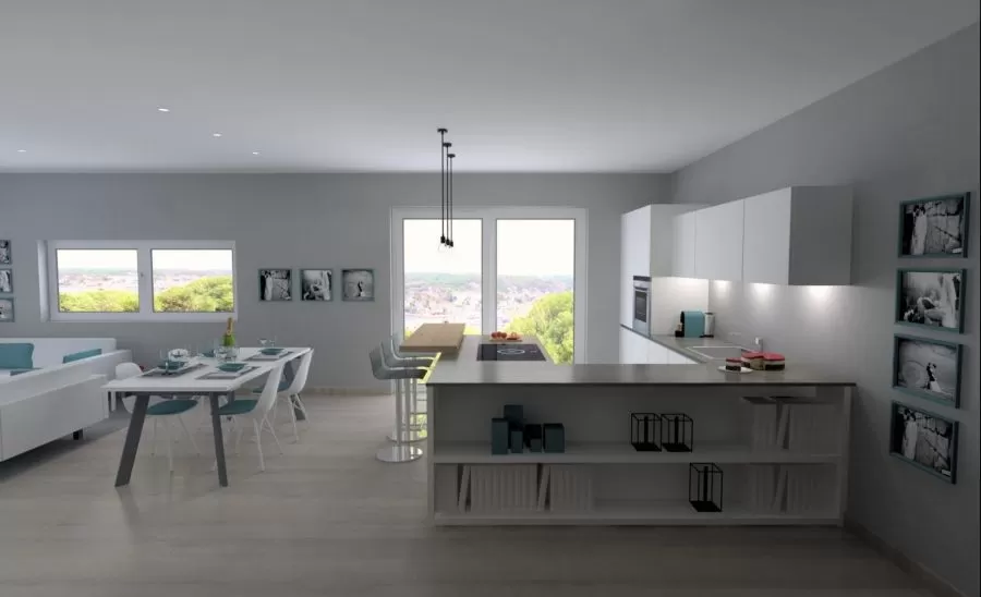 Nuova Realizzazione Living con cucina a vista, isola e tavolo
